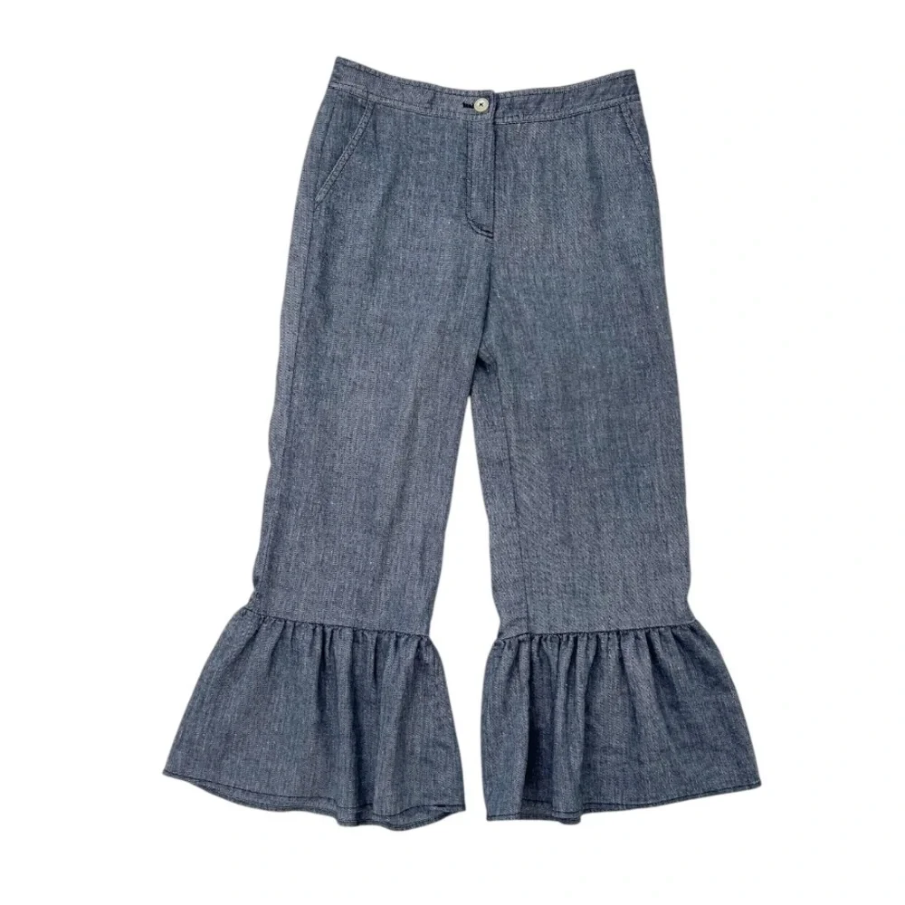 Anthropologie Ett Twa Chambray Linen Ruffle Crop Pants - Picture 5 of 16